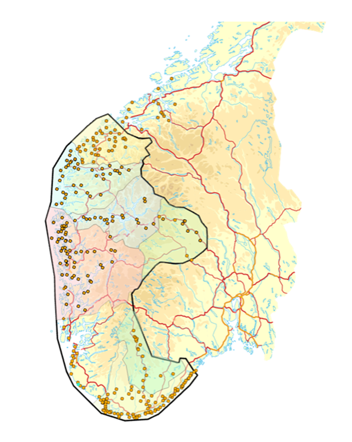 Kart over Gulatingsområdet (sør-vestnorge) slik Knut Helle avgrensar det ved innføring av Landslova i 1274.  kartet har prikker for alle stader det var veter og vardar. 